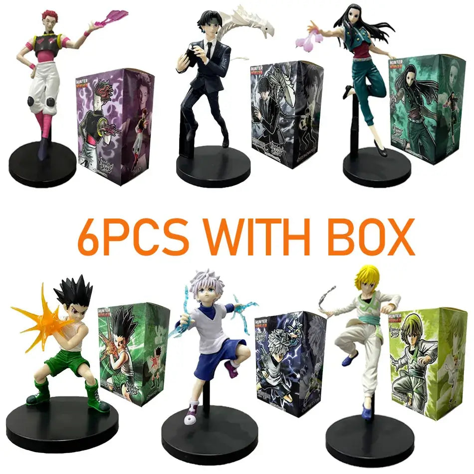 Hunter x Hunter Anime Figures set of 6, featuring Gon, Killua, Kurapika, and more with stylish boxes, perfect for collectors.