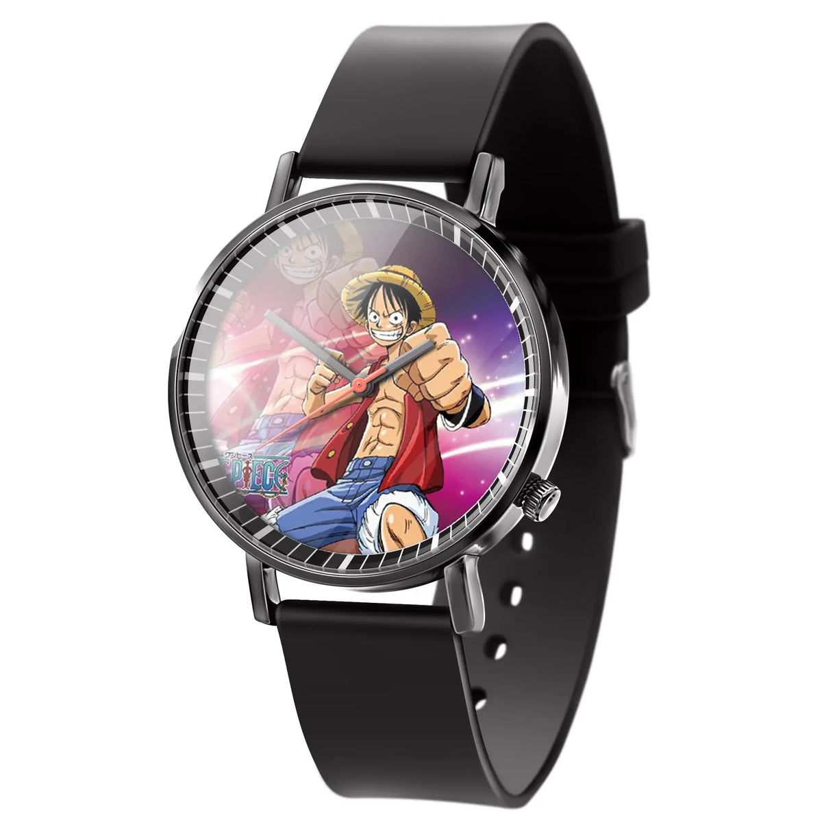 A colorful One Piece Luffy Watch featuring Fire Fist Ace anime action figure art on the dial, analog quartz movement for kids.