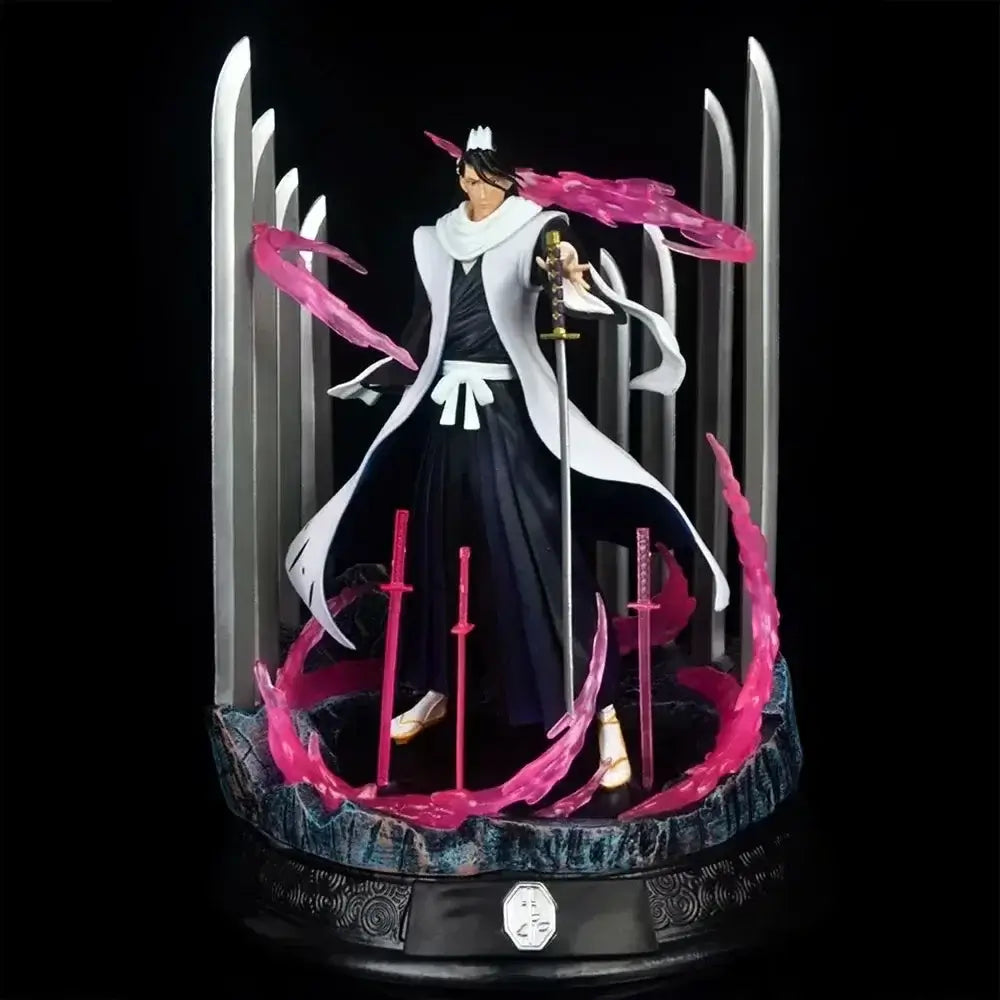 A vibrant Bleach Blind Box packaging revealing highly detailed anime action figures of Kurosaki Ichigo, Sosuke Aizen, and Rukia Kuchiki for collector display.