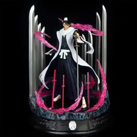 A vibrant Bleach Blind Box packaging revealing highly detailed anime action figures of Kurosaki Ichigo, Sosuke Aizen, and Rukia Kuchiki for collector display.