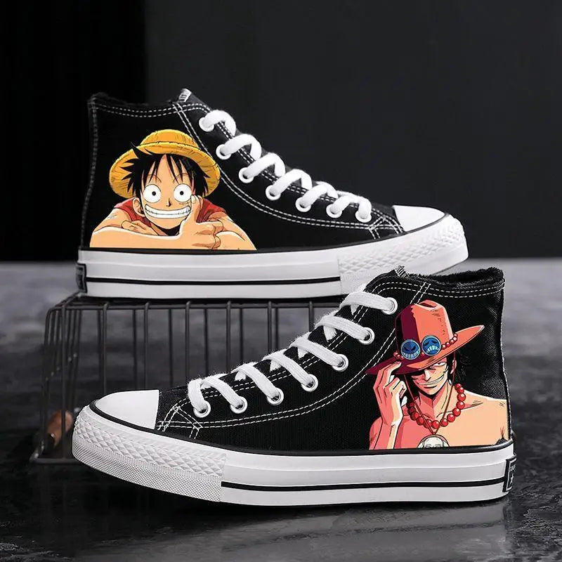 Trendy One Piece Canvas Shoes featuring colorful graffiti art of Luffy, Zoro, and Portgas D. Ace for casual men's and women's fashion.