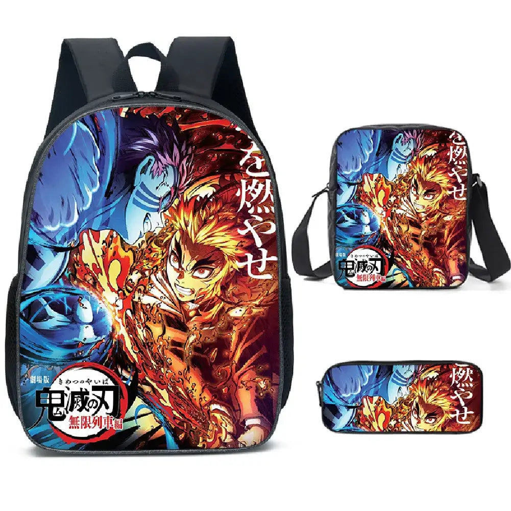 A pink Demon Slayer Backpack 3-piece set featuring Kamado Nezuko anime art, including a schoolbag, shoulder bag, and pencil case for students.