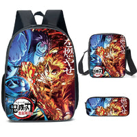 A pink Demon Slayer Backpack 3-piece set featuring Kamado Nezuko anime art, including a schoolbag, shoulder bag, and pencil case for students.