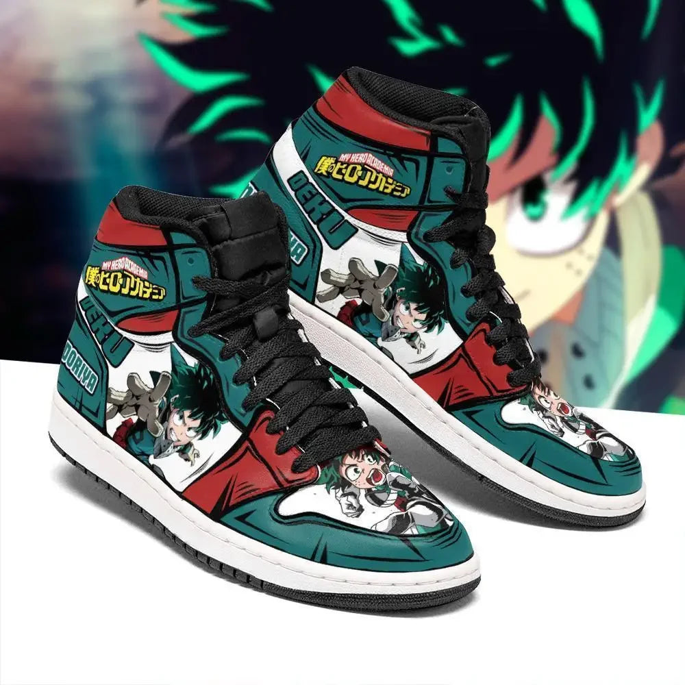 Casual Midoriya Izuku Sneakers featuring green Deku anime print, comfortable flat basketball shoes for men and women.