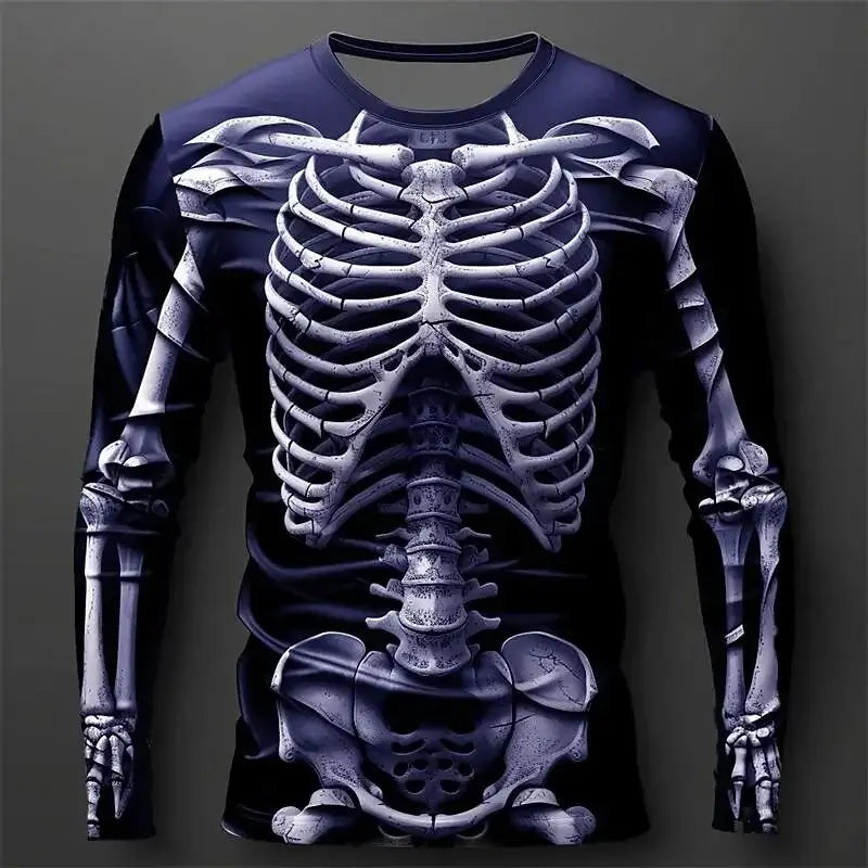 A man wearing the oversized Creative Design 3D Skull Print Men's T-Shirt with long sleeves.