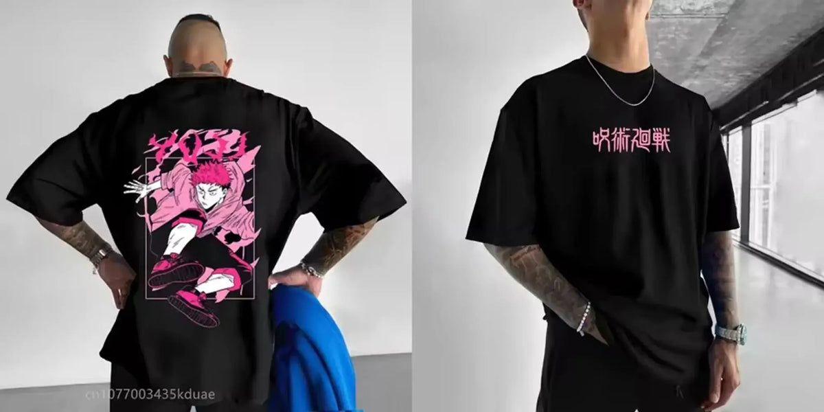 A black Jujutsu Kaisen T-Shirt for men featuring a high-definition anime graphic print, styled for casual streetwear.