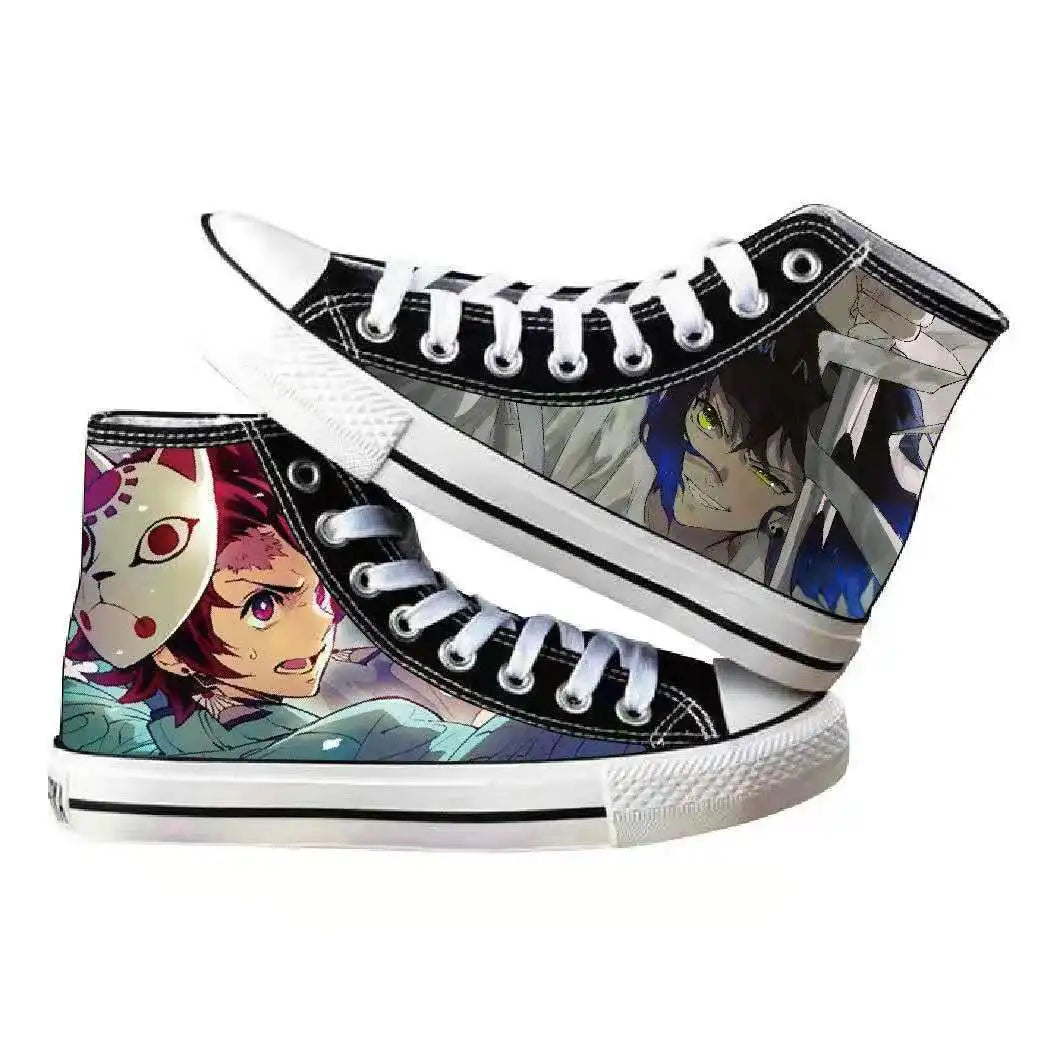 High-top Demon Slayer Canvas Shoes featuring Tanjiro Kamado and Jibaku Shounen Hanako-kun anime prints for casual fashion.