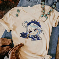 A woman wearing a funny Y2k Genshin Impact Furina T-Shirt with a comic anime design.
