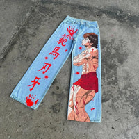 Trendy Y2K Anime Baggy Jeans featuring a Harajuku graphic print pattern, designed as high-waisted vintage streetwear for men and women.