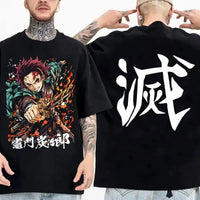 Demon Slayer Cotton Parent-Child Anime T-Shirt worn by parent and child matching summer outfit