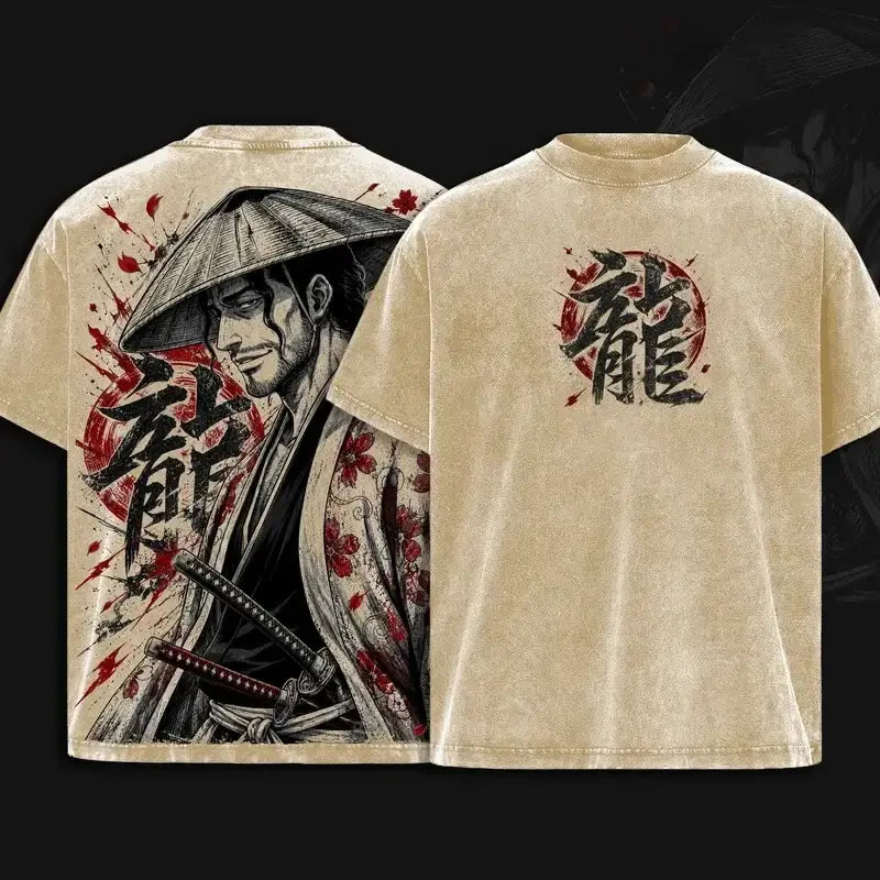 Kyoraku Shunsui Bleach Graphic Cotton T-Shirt with samurai design and floral print on a beige background.