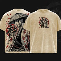 Kyoraku Shunsui Bleach Graphic Cotton T-Shirt with samurai design and floral print on a beige background.