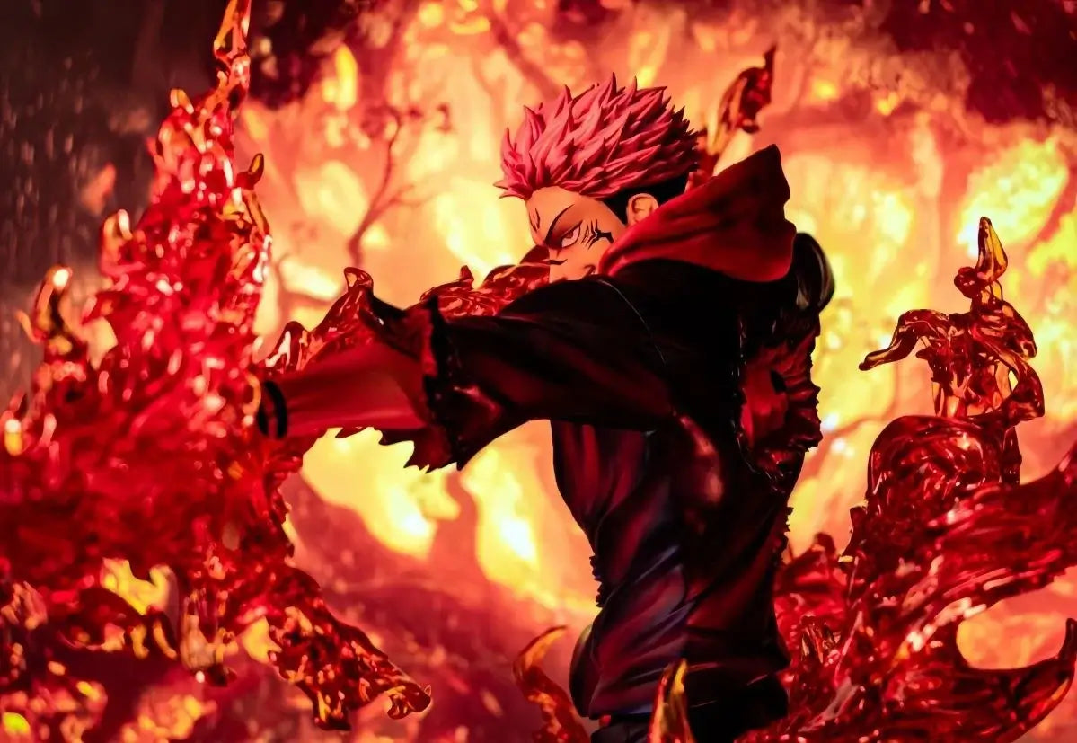 A highly detailed Ryomen Sukuna Figure made of premium PVC, showcasing the Jujutsu Kaisen King of Curses in an extreme battle stance for desktop decoration.