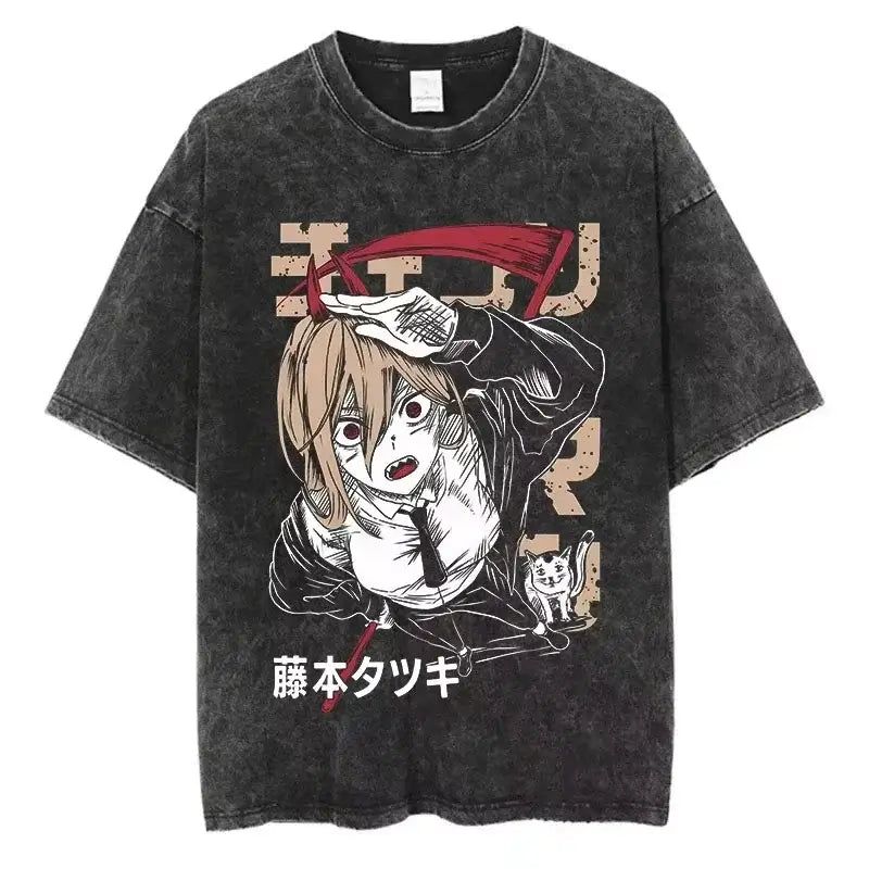 A unisex Chainsaw Man Vintage T-shirt in washed cotton with a Harajuku oversized streetwear fit.