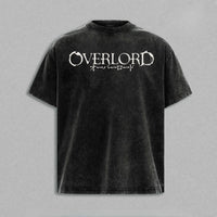 Albedo Overlord Printed Y2K Vintage Washed T-Shirt featuring a distressed gray design with OVERLORD logo.