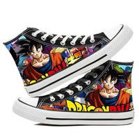 A pair of hot Dragon Ball Goku Canvas Shoes, anime fashion sneakers with a graffiti design for men, women, teenagers, and students.