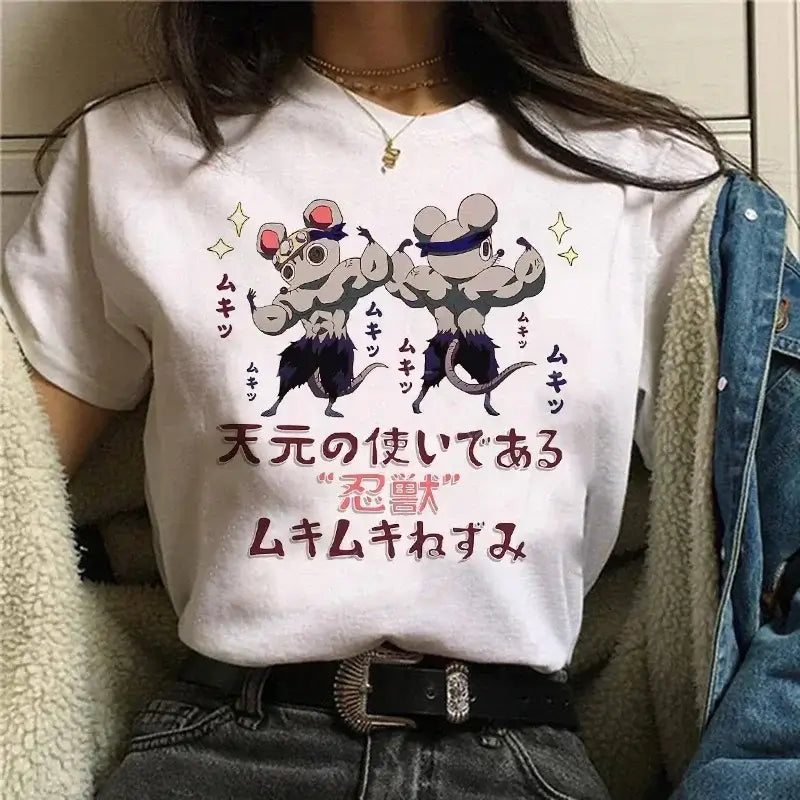A Demon Slayer T Shirt for Women, a female Kimetsu No Yaiba graphic tee with a Nezuko and Tanjirou Kamado print.