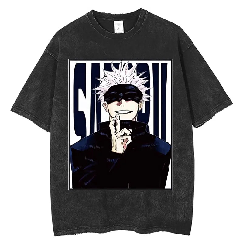 Yuji and Sukuna Split Face T-Shirt featuring a character with white spiky hair and a black mask in a stylish design.