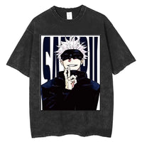 Yuji and Sukuna Split Face T-Shirt featuring a character with white spiky hair and a black mask in a stylish design.