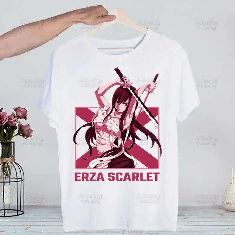 A hip hop style Fairy Tail T-shirt made of cotton featuring anime characters Natsu Dragneel and Lucy Heartfilia.