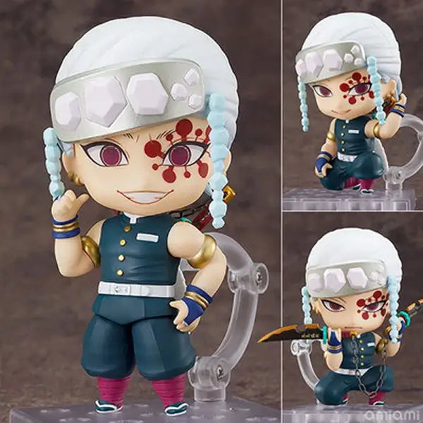 High-quality Demon Slayer Nendoroid Figures featuring Kamado Tanjiro, Nezuko, and Uzui Tengen posing for an upscale anime collection display.