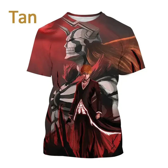 A 3D printed Ichigo Kurosaki T-shirt featuring a cool Japanese anime graphic, loose fit summer fashion for men and women.