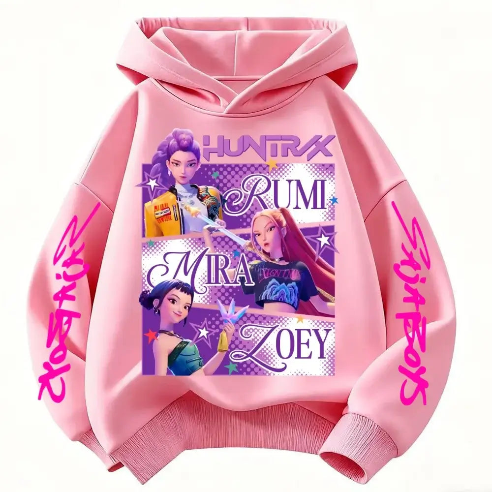 A fashionable KPop Demon Hunters Hoodie featuring the Huntrix design, a spring and autumn sweatshirt for boys and girls.