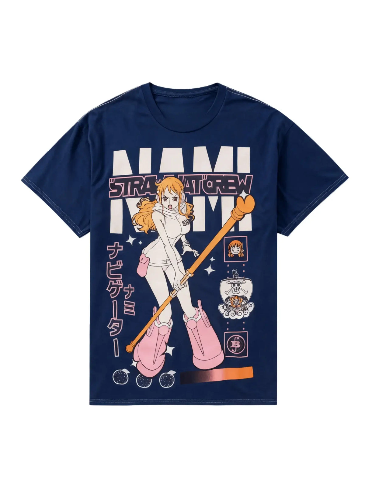 A trendy Nami Egghead Island T-Shirt by MINISO, featuring a retro Y2K graphic print of Nami's future outfit on soft cotton for men and women.