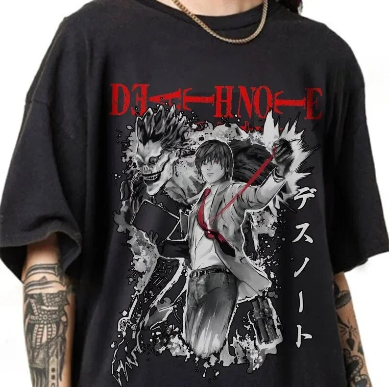 A trendy Death Note T-shirt featuring high-definition anime graphic art of Light Yagami and Ryuk, designed as a unisex Japanese manga top.