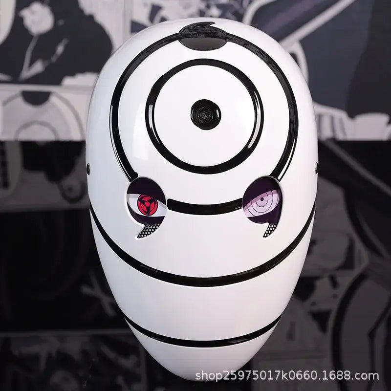 A highly imitative, high-gloss Obito Cosplay Mask featuring the Akatsuki Sharingan design for anime Halloween costumes and conventions.