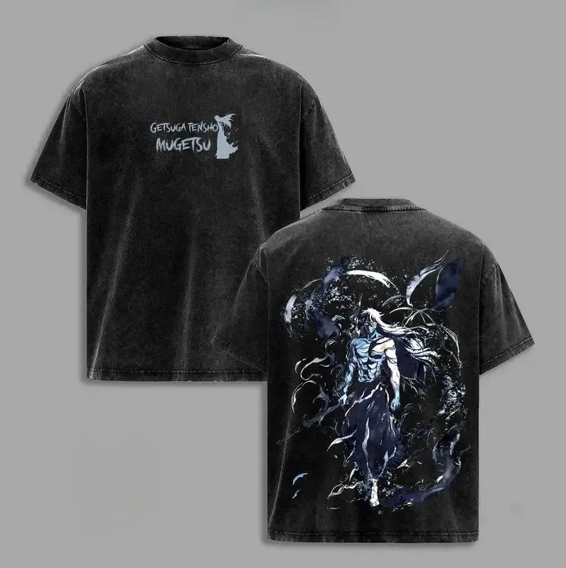 Bleach T-Shirt Vintage Washed Anime Streetwear oversized nylon-cotton blend Y2K hip-hop Bleach anime graphic washed finish applique unisex S to XXXL front view