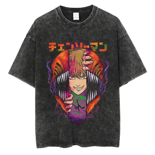 Chainsaw Man Power Print T-Shirt Y2K Harajuku washed cotton unisex anime tee men women