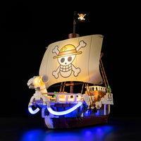 A Going Merry LED Light Set illuminating the 75639 pirate ship building block model, showcasing glowing cabins and deck lights.