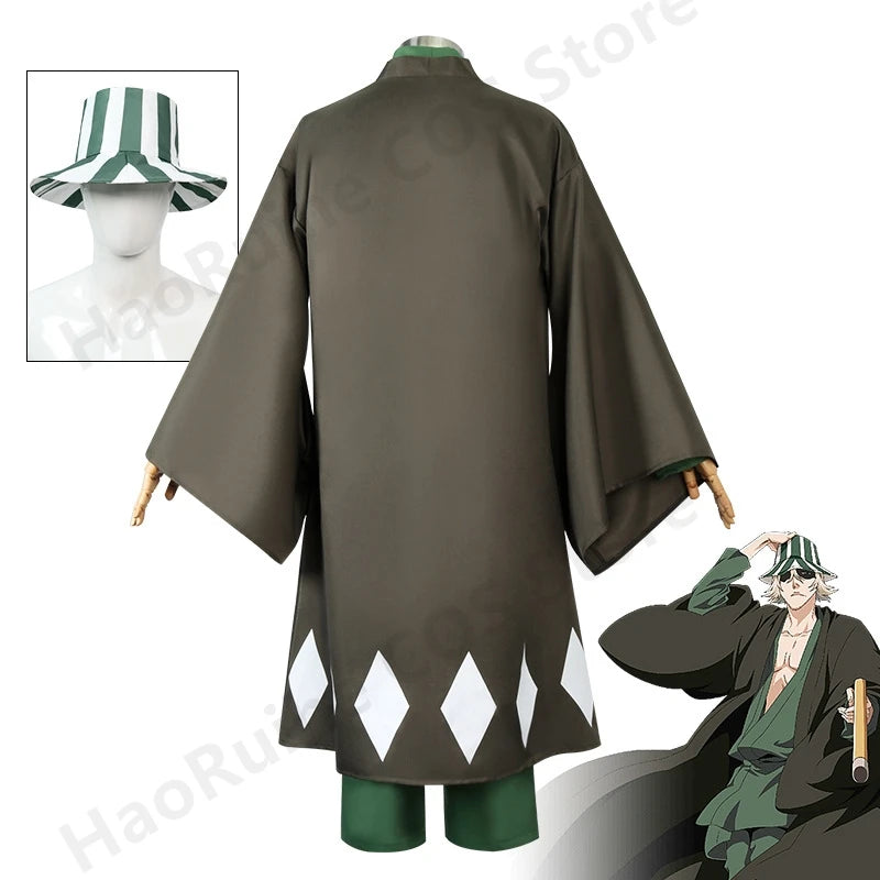 Urahara Kisuke BLEACH Cosplay Costume featuring a green top, pants, and hat, perfect for adult fans.