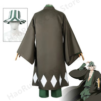 Urahara Kisuke BLEACH Cosplay Costume featuring a green top, pants, and hat, perfect for adult fans.