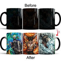 A ceramic One Piece Color Changing Mug revealing Gear 5 Nika Luffy and Fire Fist Ace artwork when filled with hot liquid.