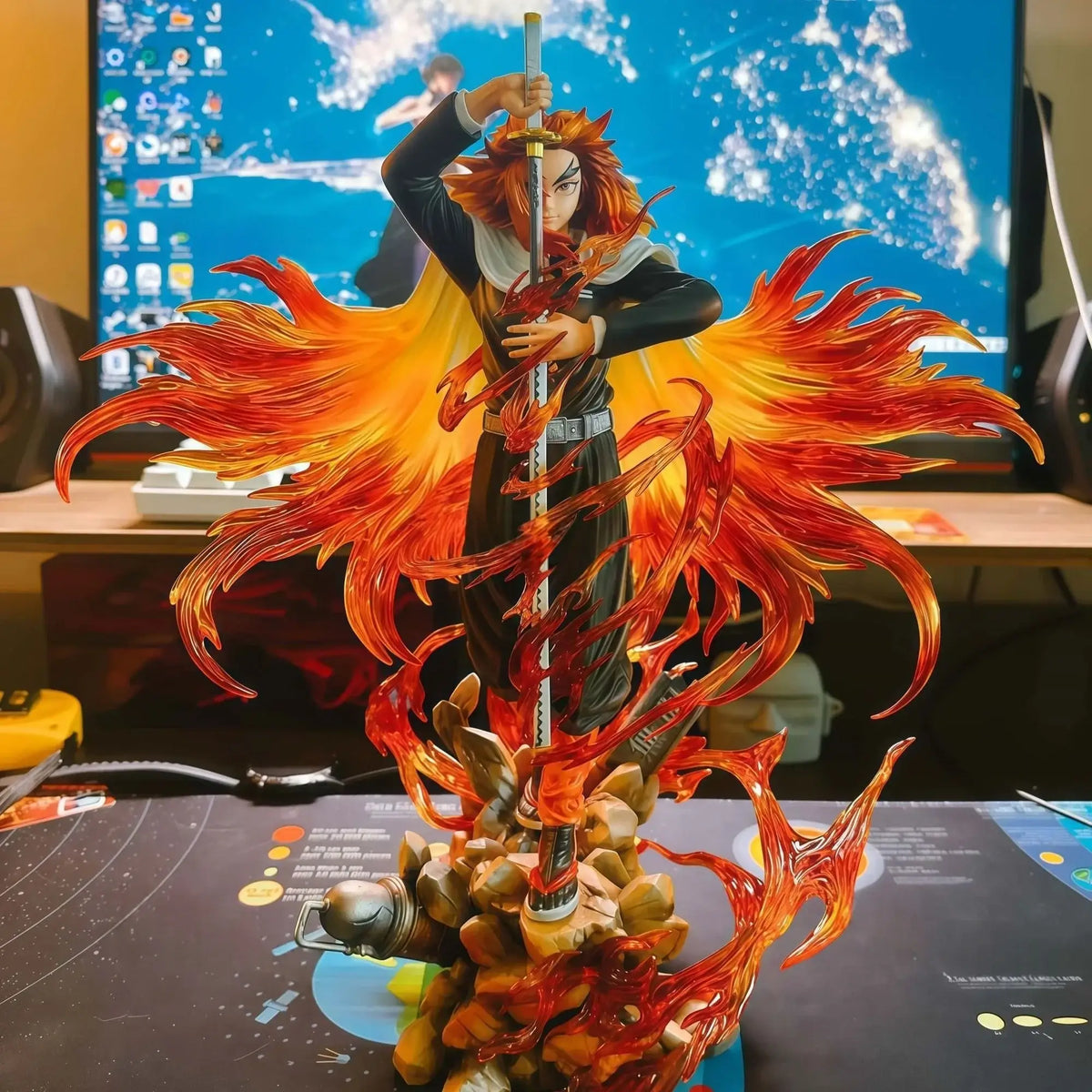 A highly detailed 30cm PVC Rengoku Kyoujurou Figure showcasing the Flame Hashira in a dynamic anime battle stance.