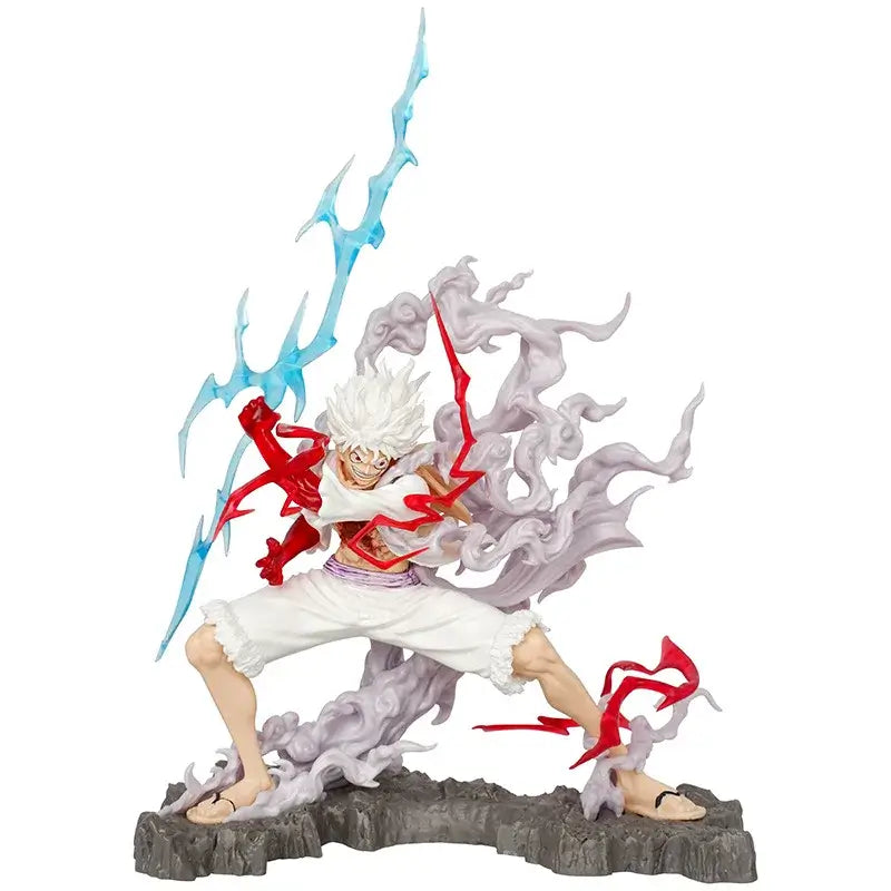 A handmade 28cm One Piece Luffy Statue featuring movable parts and lightning effects, perfect for anime desktop decoration and gifting.