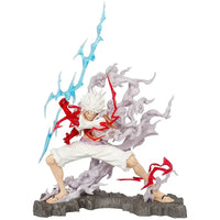A handmade 28cm One Piece Luffy Statue featuring movable parts and lightning effects, perfect for anime desktop decoration and gifting.