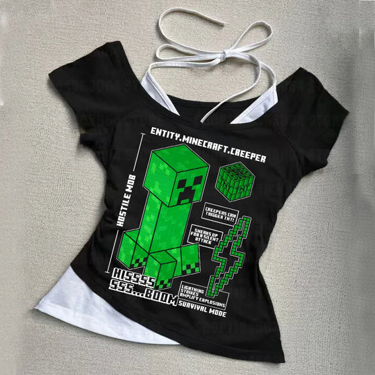 A model wearing the Punk Gothic Slim Baby Tee, a Y2k fake two-piece off-shoulder top in a Harajuku streetwear style.
