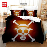 A Bandai One Piece Bedding Set featuring Monkey D. Luffy on a duvet cover and pillowcases, designed for anime bedroom decoration.
