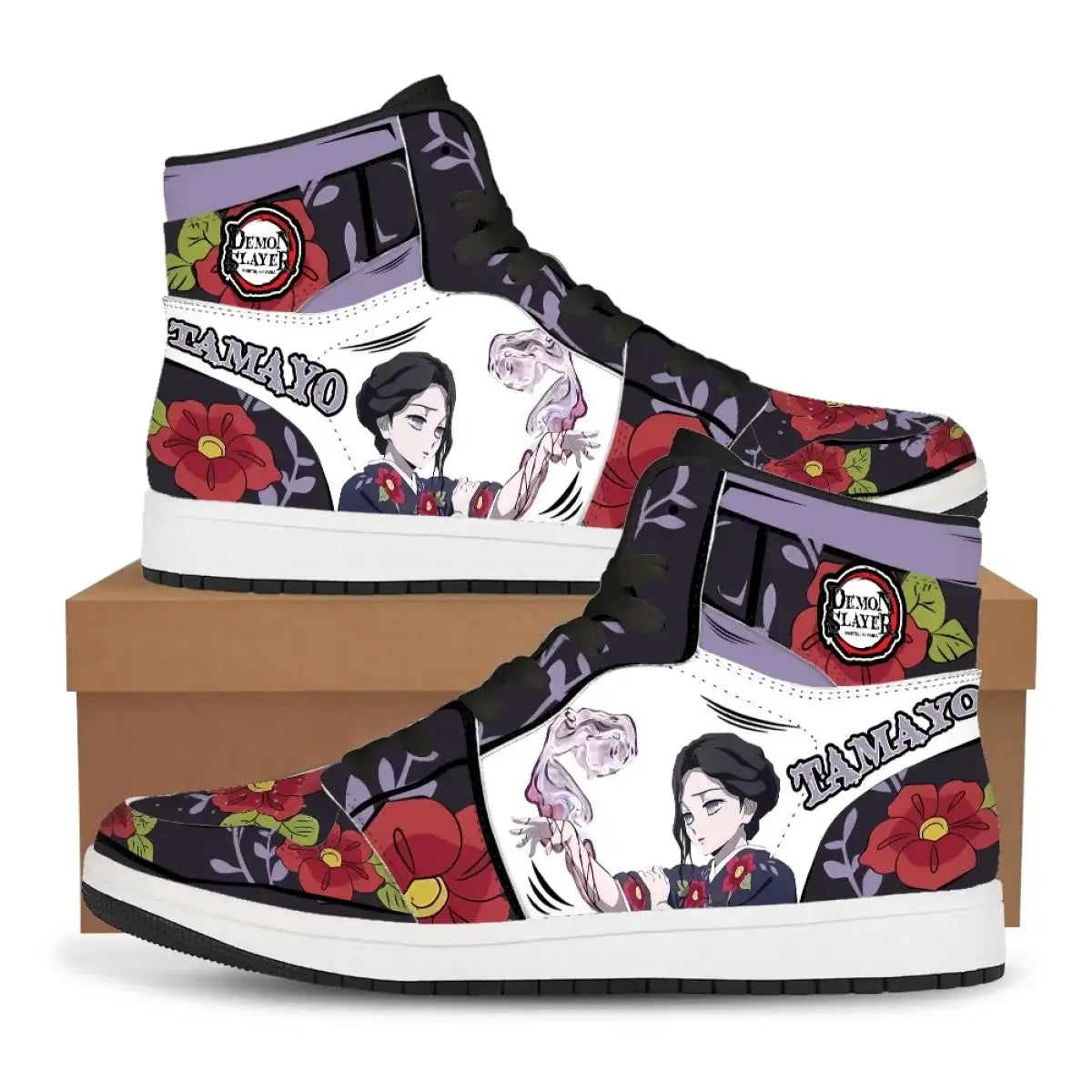 High-top Demon Slayer Sneakers featuring Tanjiro Kamado and Nezuko Kamado anime designs, styled as fashionable basketball shoes for men and women.