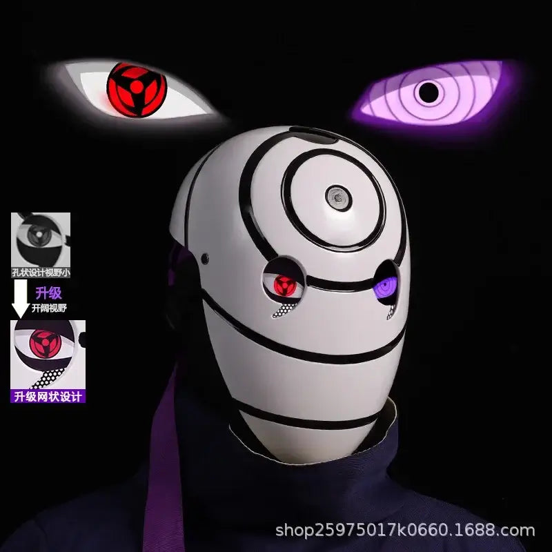 A highly imitative, high-gloss Obito Cosplay Mask featuring the Akatsuki Sharingan design for anime Halloween costumes and conventions.