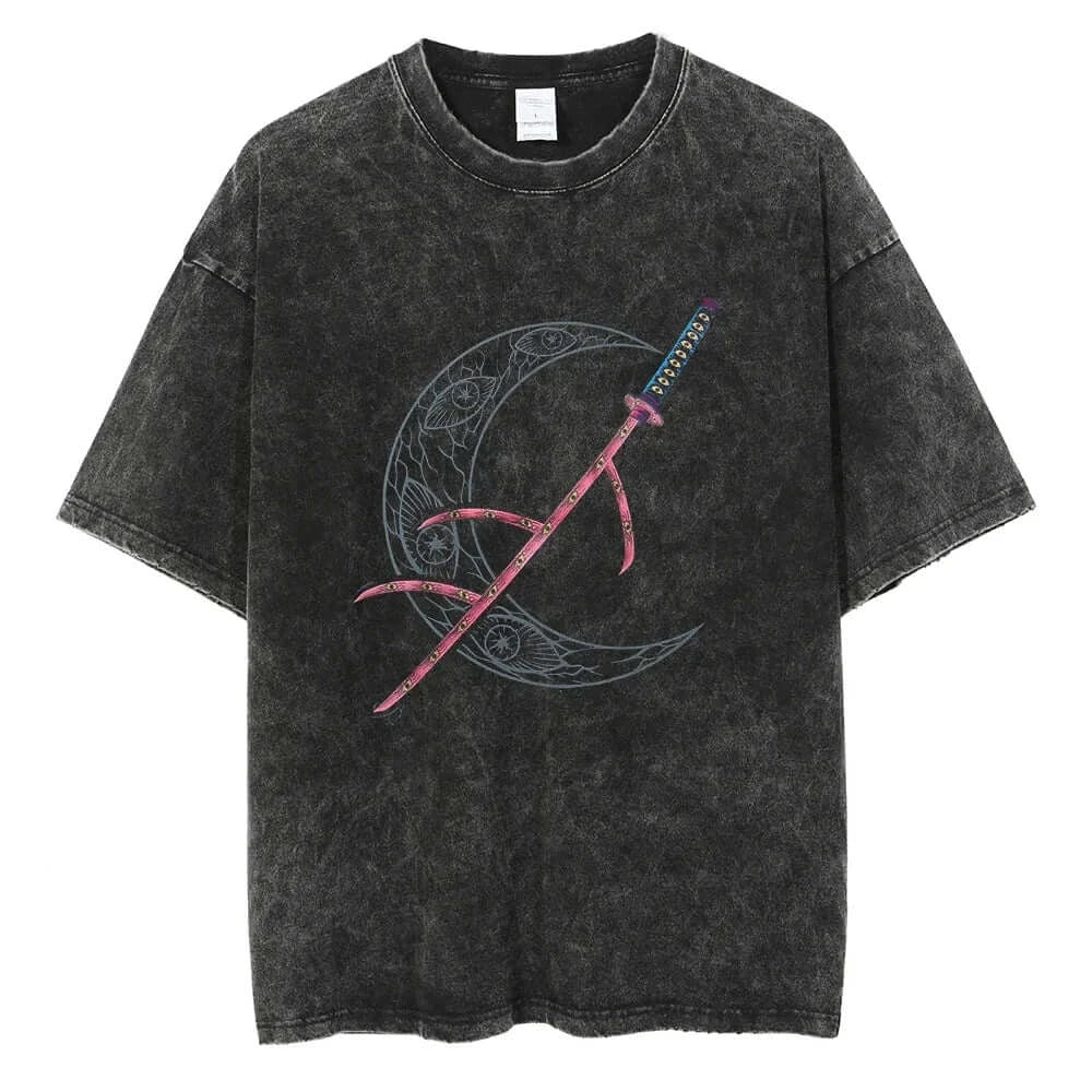 Men's vintage Demon Slayer Kokushibo T-shirt in a casual loose Harajuku style, made from washed cotton.