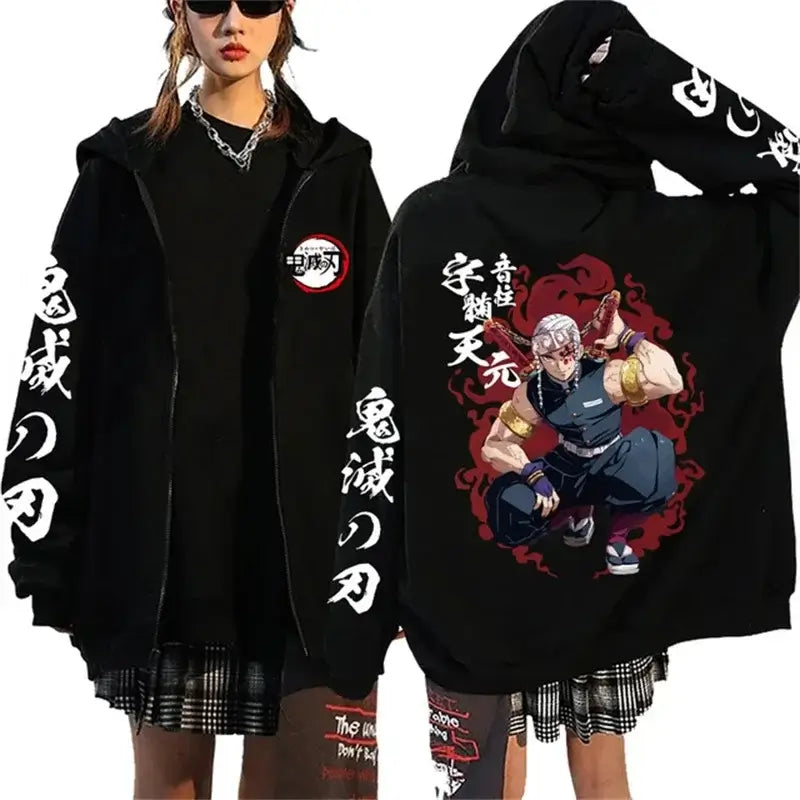 A casual loose Harajuku Fashion Anime Cartoon Demon Slayer Pattern Print Sweatshirt and fleece zipper hoodie for men and women.