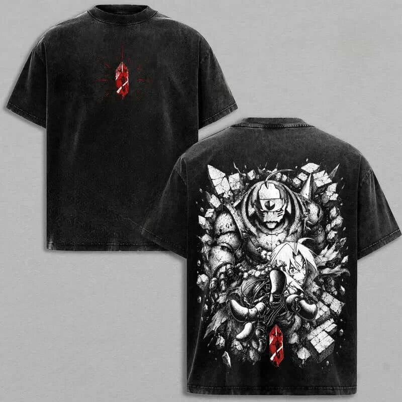 Edward and Alphonse Elric T-Shirt featuring black wash, graphic design of brothers, and a red emblem.