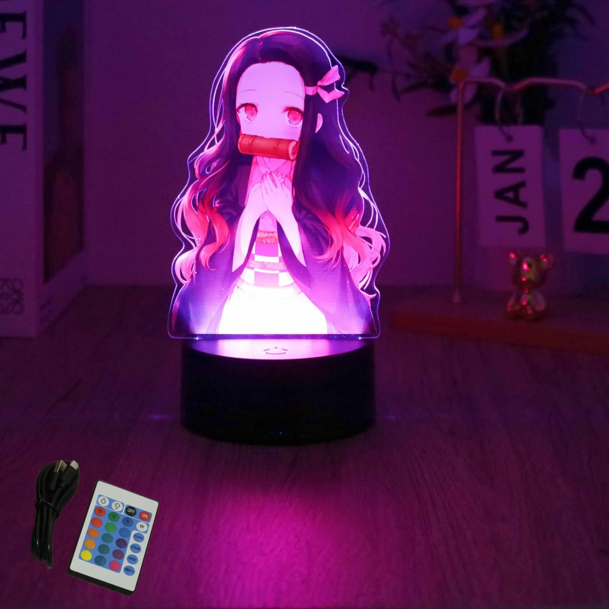 A glowing Demon Slayer 3D Lamp featuring an acrylic Tanjiro and Nezuko figure design, illuminated in blue LED light for bedroom decor.