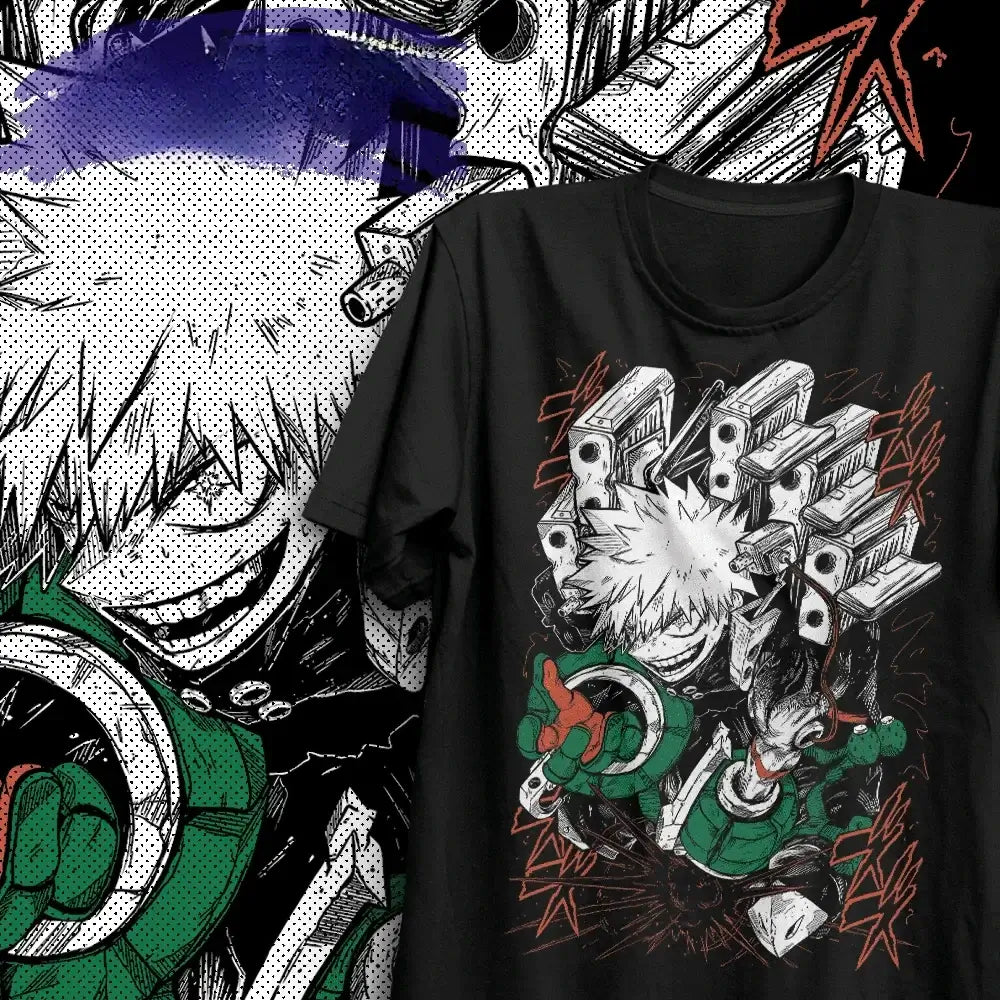 An oversized Bakugo T-Shirt made of soft cotton, featuring explosive Katsuki Bakugou manga panel art, styled as Y2K women's streetwear.