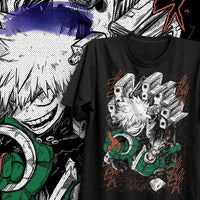 An oversized Bakugo T-Shirt made of soft cotton, featuring explosive Katsuki Bakugou manga panel art, styled as Y2K women's streetwear.