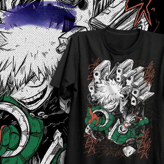 An oversized Bakugo T-Shirt made of soft cotton, featuring explosive Katsuki Bakugou manga panel art, styled as Y2K women's streetwear.